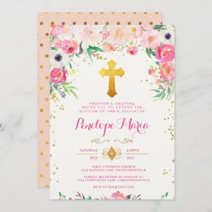 Foral and Gold Cross Baptism Invitation