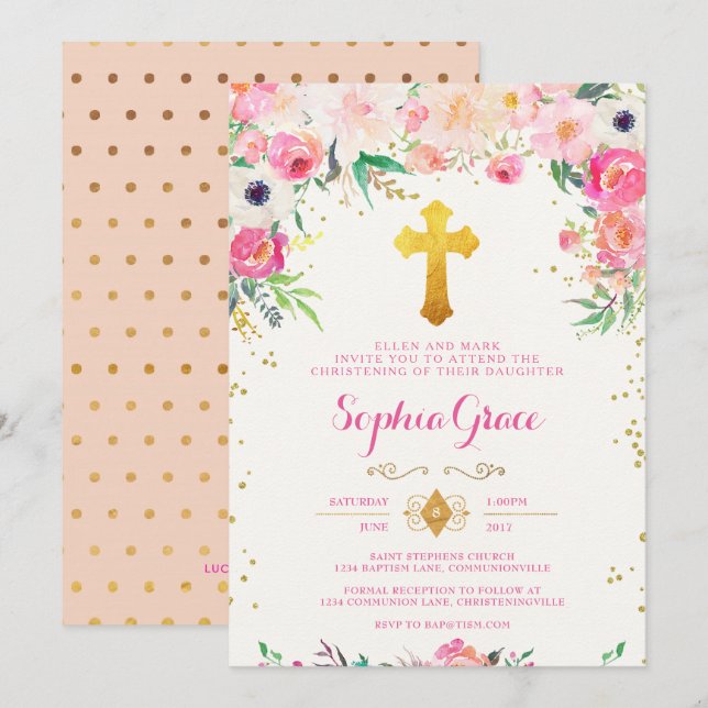 Foral and Gold Cross Christening Invitation (Front/Back)
