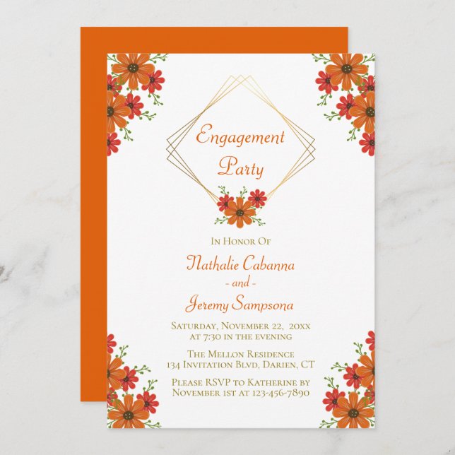 Foral Engagement Party Orange Fall Country Autumn Invitation (Front/Back)
