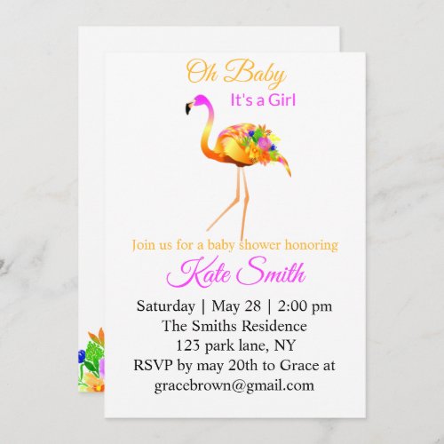 Foral Pink and Gold Flamingo Baby Shower  Invitation