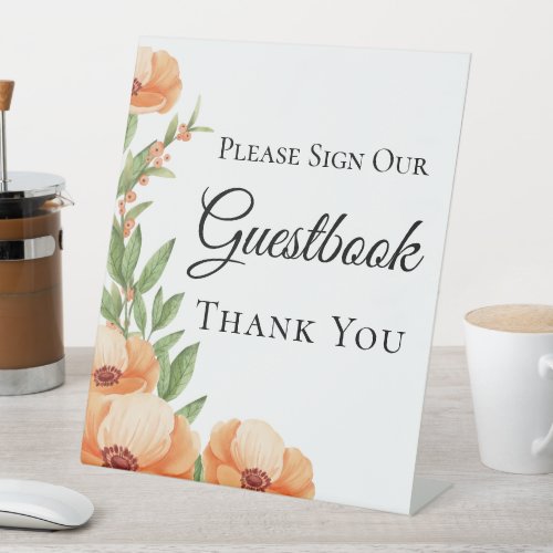 Foral Watercolor Orange Flowers Wedding Guestbook Pedestal Sign