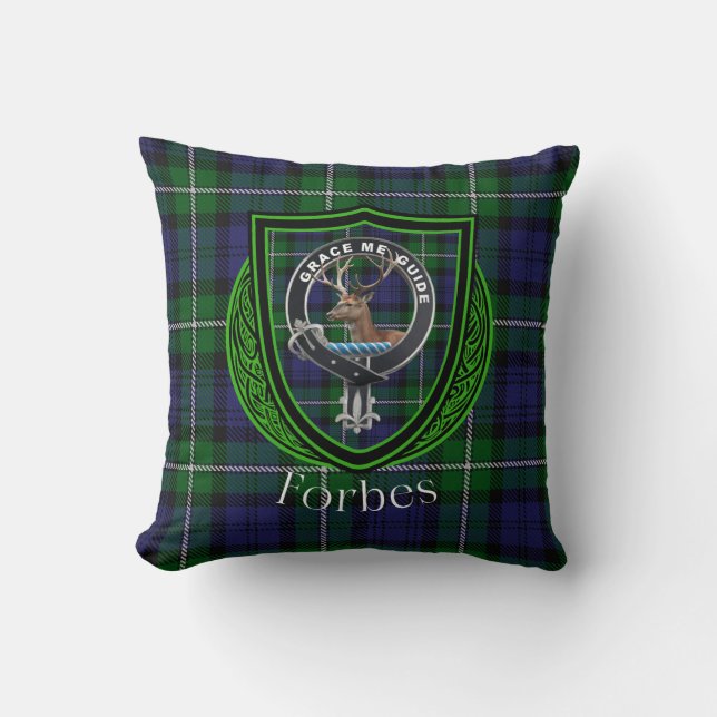 Forbes Scottish Clan Tartan & Crest Throw Pillow (Front)