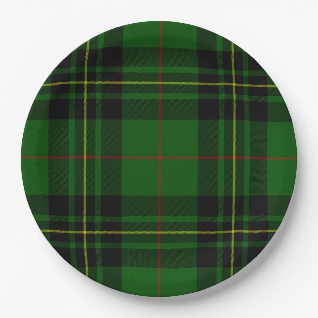 Forbes tartan green black plaid paper plates (Front)