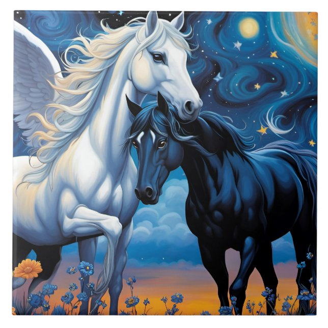 Forbidden Love. Pegasus and Horse in flowers Ceramic Tile (Front)
