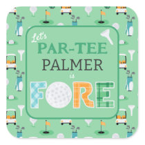 Fore, 4th Birthday Let's Par-tee Golf Party Square Sticker