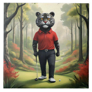 "Fore! A Black Tiger Playing Golf in the Woods" Ceramic Tile