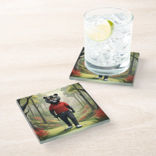 "Fore! A Black Tiger Playing Golf in the Woods" Glass Coaster