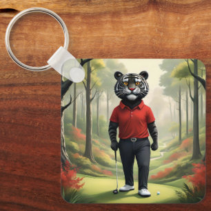"Fore! A Black Tiger Playing Golf in the Woods" Keychain