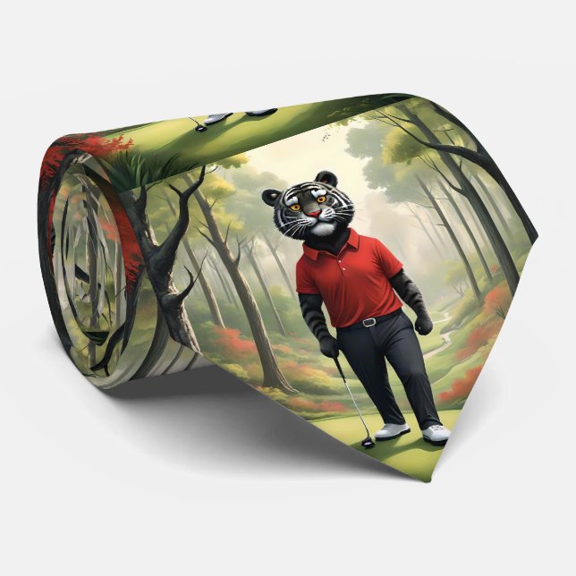 "Fore! A Black Tiger Playing Golf in the Woods" Neck Tie (Rolled)