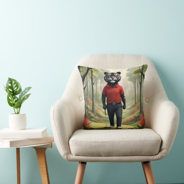 "Fore! A Black Tiger Playing Golf in the Woods" Throw Pillow (Chair)