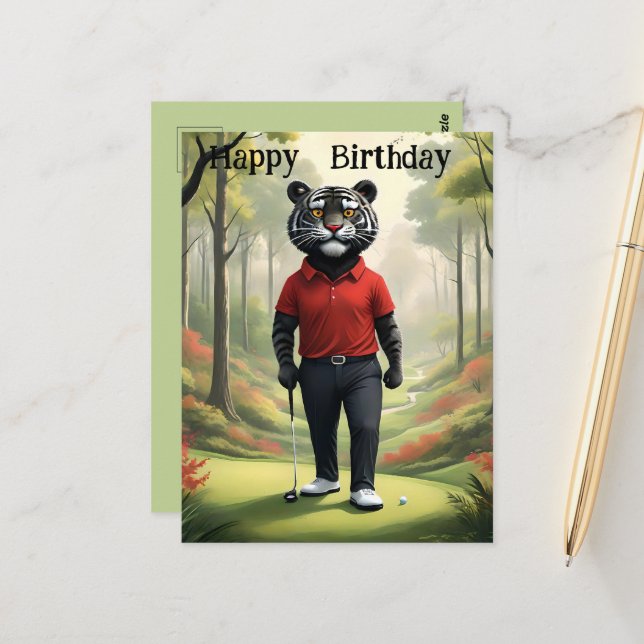 Fore: A Tiger Playing Golf, Birthday Postcard (Front/Back In Situ)
