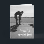 "Fore" Special Dad, Son and Father Golf Birthday Card<br><div class="desc">A golf-pun themed birthday card for a Dad, perfect for the father who loves golfing. The image is a nostalgic black and white photo of a dad showing his small son how to swing his golf club at a driving range. The message inside and out can both be personalized. Inside...</div>