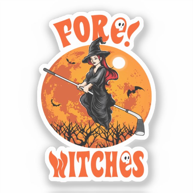 Fore! Witches Golf Stick Witch Riding Halloween Sticker (Front)