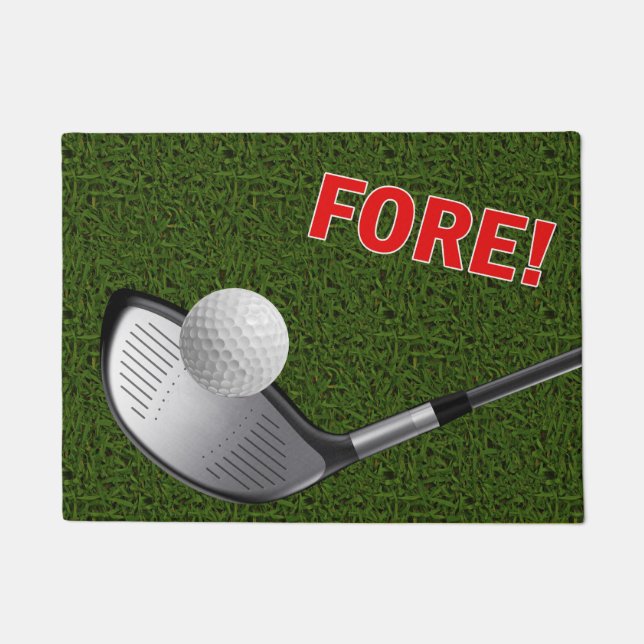 FORE with Golf Club Head, Ball & Grass Doormat (Front)