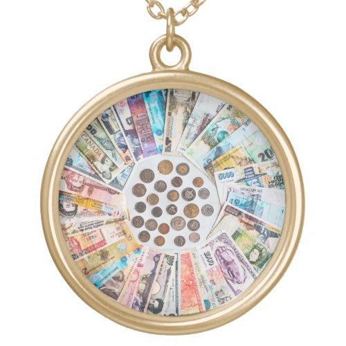 Foreign currency money colorful gold plated necklace