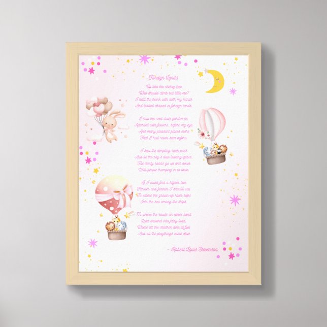 Foreign Lands Poem Pink Poster For Girls' Nursery (Framed Front)