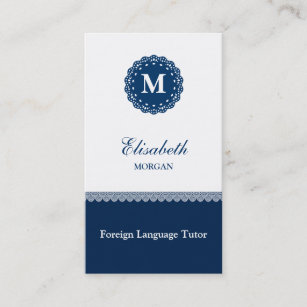 Foreign Language Tutor Elegant Blue Lace Monogram Business Card