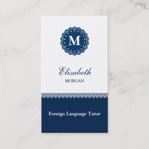 Foreign Language Tutor Elegant Blue Lace Monogram Business Card