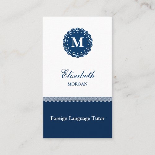 Foreign Language Tutor Elegant Blue Lace Monogram Business Card Templates