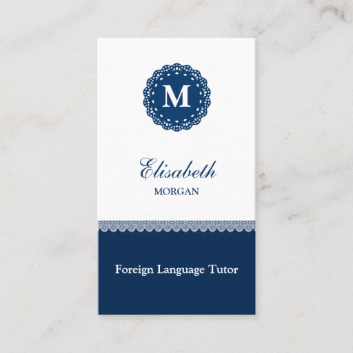 Customizable Foreign Language Tutor Elegant Blue Lace Monogram Business Card Templates
