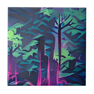 Forest abstract graphic art pink and green ceramic tile