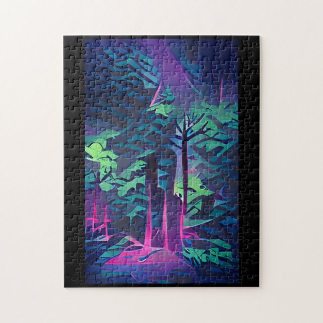 Forest abstract graphic art pink and green jigsaw puzzle (Vertical)