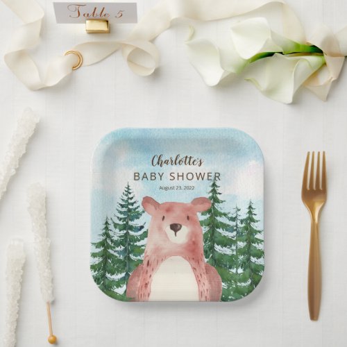 Forest Adventure Bear Boys Baby Shower Paper Plates