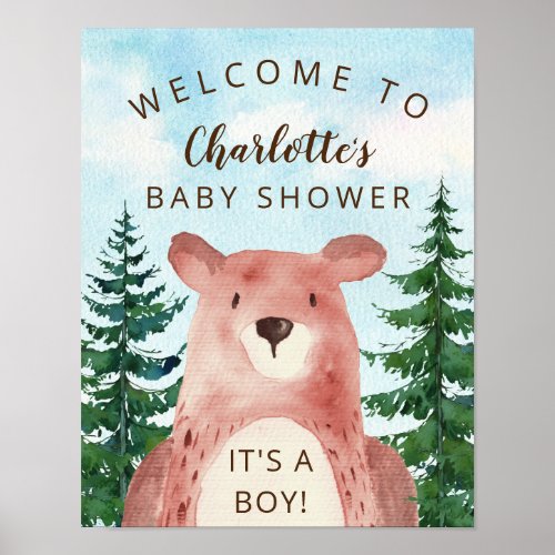 Forest Adventure Bear Boys Baby Shower Welcome Pos Poster