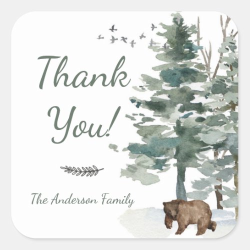 Forest Adventure Boy Bear Baby Shower Thank You Square Sticker