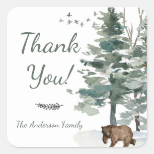 Forest Adventure Boy Bear Baby Shower Thank You Square Sticker