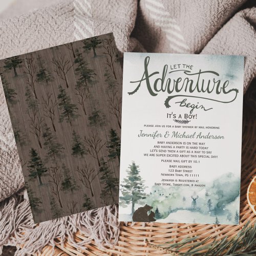 Forest Adventure Boy Bear Deer Baby Shower By Mail Invitation