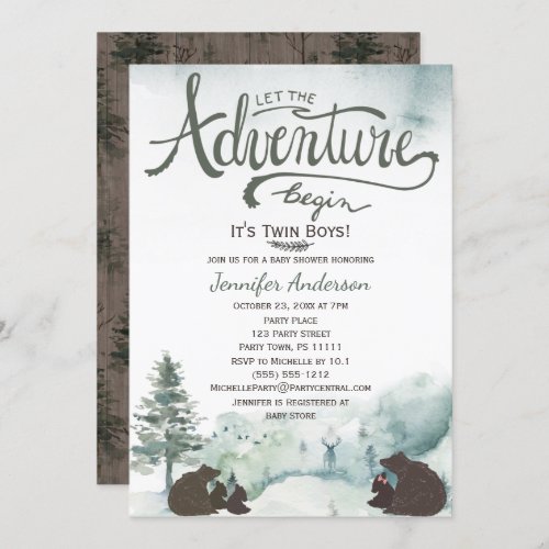 Forest Adventure Boy Country Twin Bears w Sister Invitation
