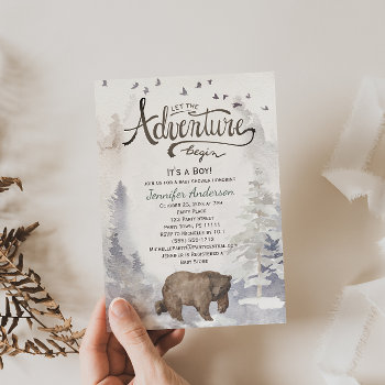 Forest Adventure Boy Watercolor Bear Baby Shower Invitation by MaggieMart at Zazzle