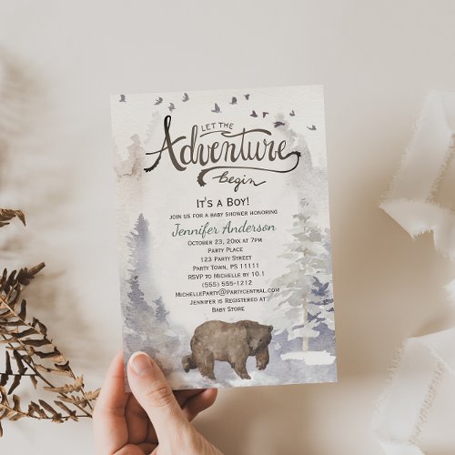 Forest Adventure Boy Watercolor Bear Baby Shower Invitation