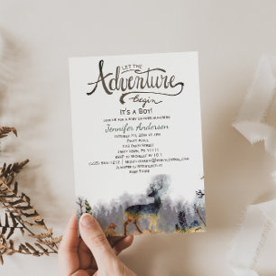 Forest Adventure Boy Watercolor Deer Baby Shower Invitation
