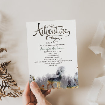 Forest Adventure Boy Watercolor Deer Baby Shower Invitation by MaggieMart at Zazzle