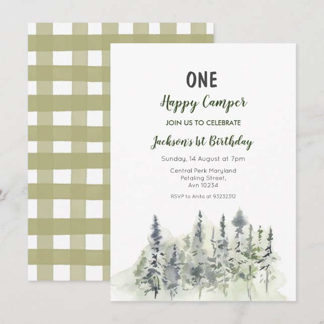 Forest adventure camper 1st birthday invitation (Front/Back)