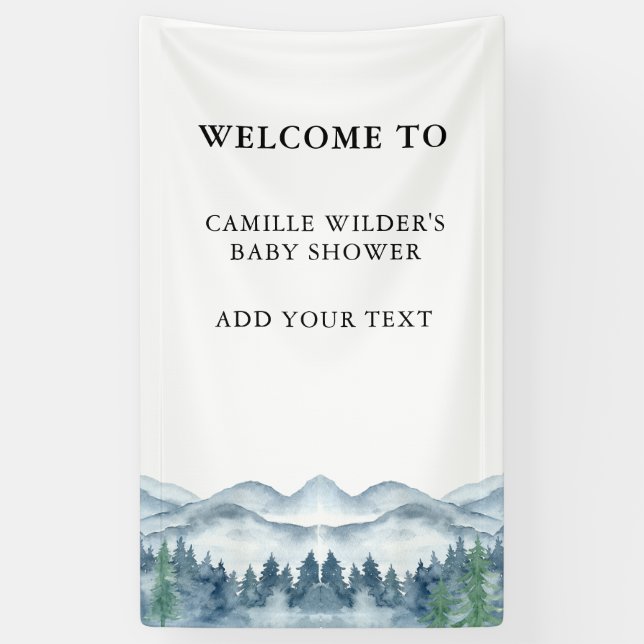 Forest Adventure Mountains Blue Baby Shower Banner (Vertical)