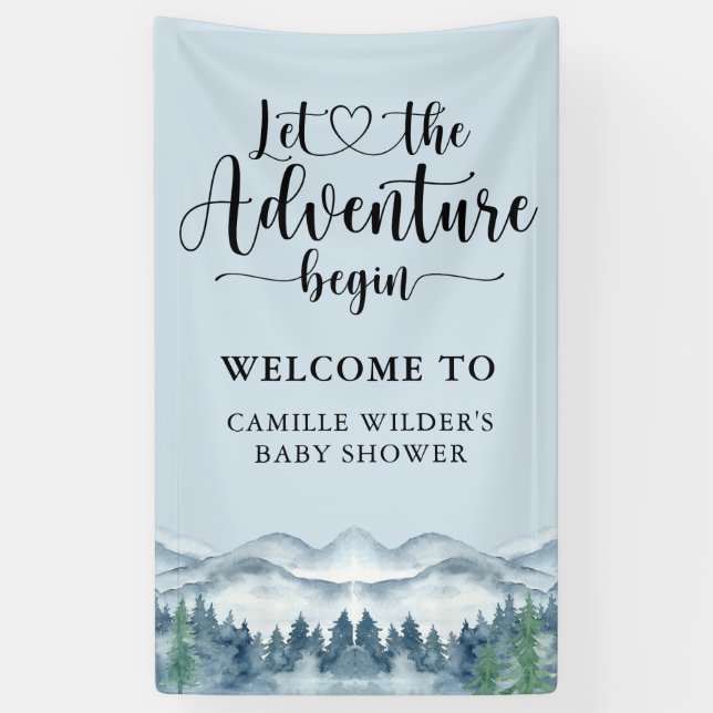 Forest Adventure Mountains Blue Baby Shower Banner (Vertical)