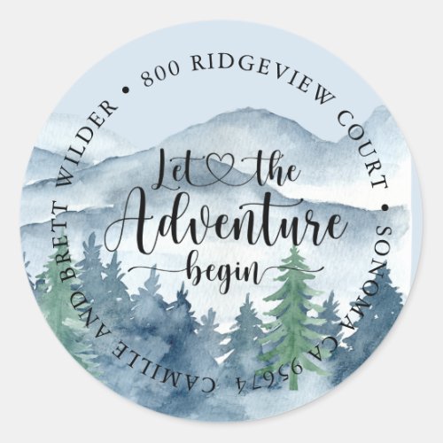Forest Adventure Mountains Blue Baby Shower Classic Round Sticker