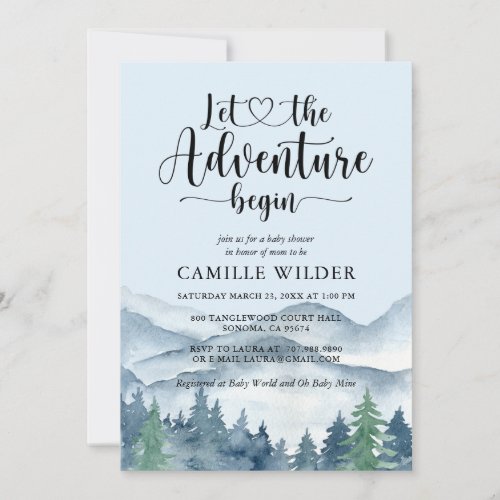 Forest Adventure Mountains Blue Baby Shower Invitation