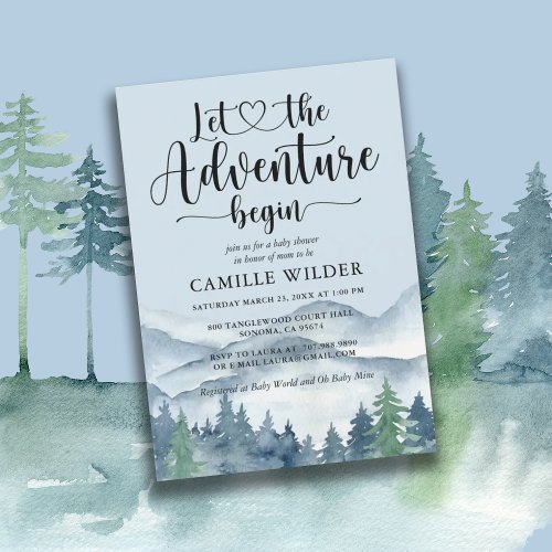 Forest Adventure Mountains Blue Baby Shower Invitation