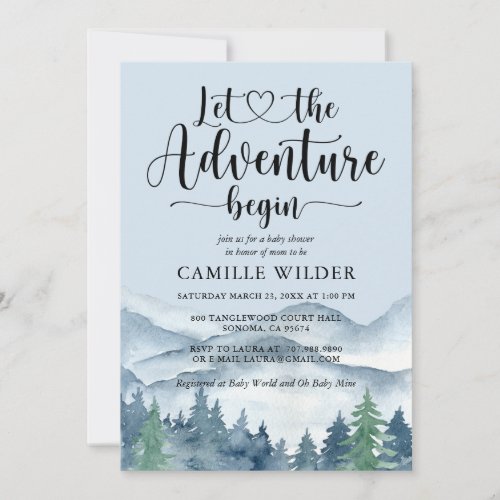 Forest Adventure Mountains Blue Baby Shower Invitation