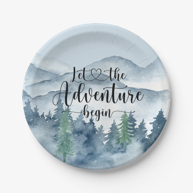 Forest Adventure Mountains Blue Baby Shower Paper Plates (Front)