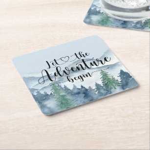 Forest Adventure Mountains Blue Baby Shower  Square Paper Coaster