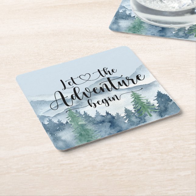 Forest Adventure Mountains Blue Baby Shower  Square Paper Coaster (Angled)