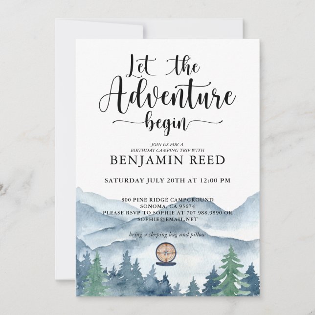 Forest Adventure Mountains Camping Birthday Invitation (Front)