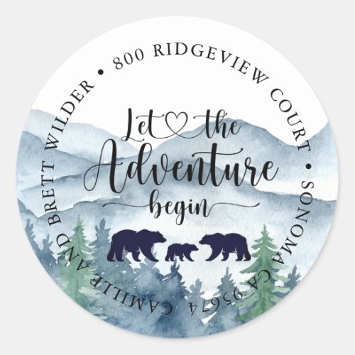 Forest Adventure Watercolor Mountains Baby Shower Classic Round Sticker