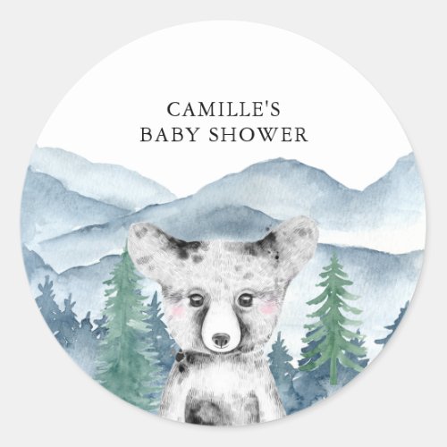 Forest Adventure Watercolor Mountains Baby Shower  Classic Round Sticker