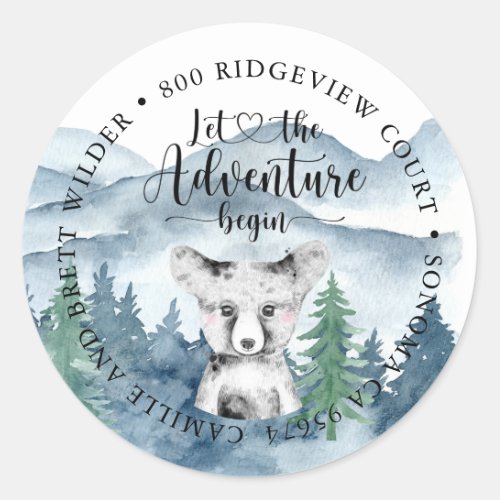 Forest Adventure Watercolor Mountains Baby Shower Classic Round Sticker